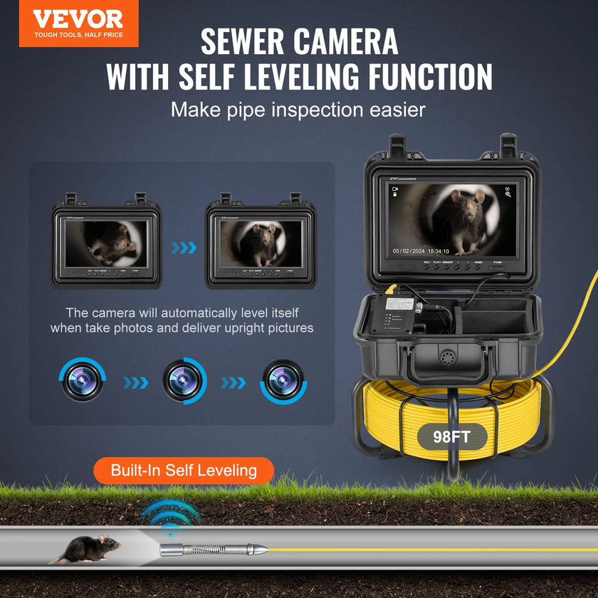 VEVOR Sewer Camera 98 ft/30m Self-Leveling Drain Camera with 9