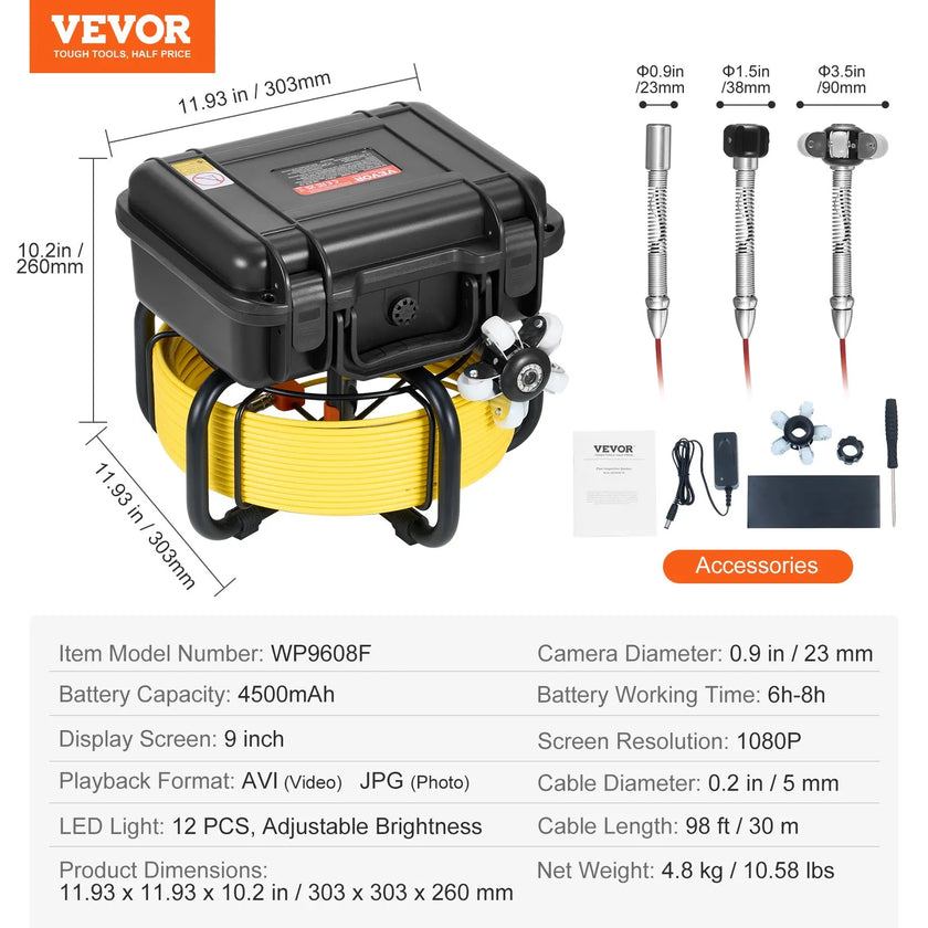 VEVOR Sewer Camera 98 ft/30m Self-Leveling Drain Camera with 9