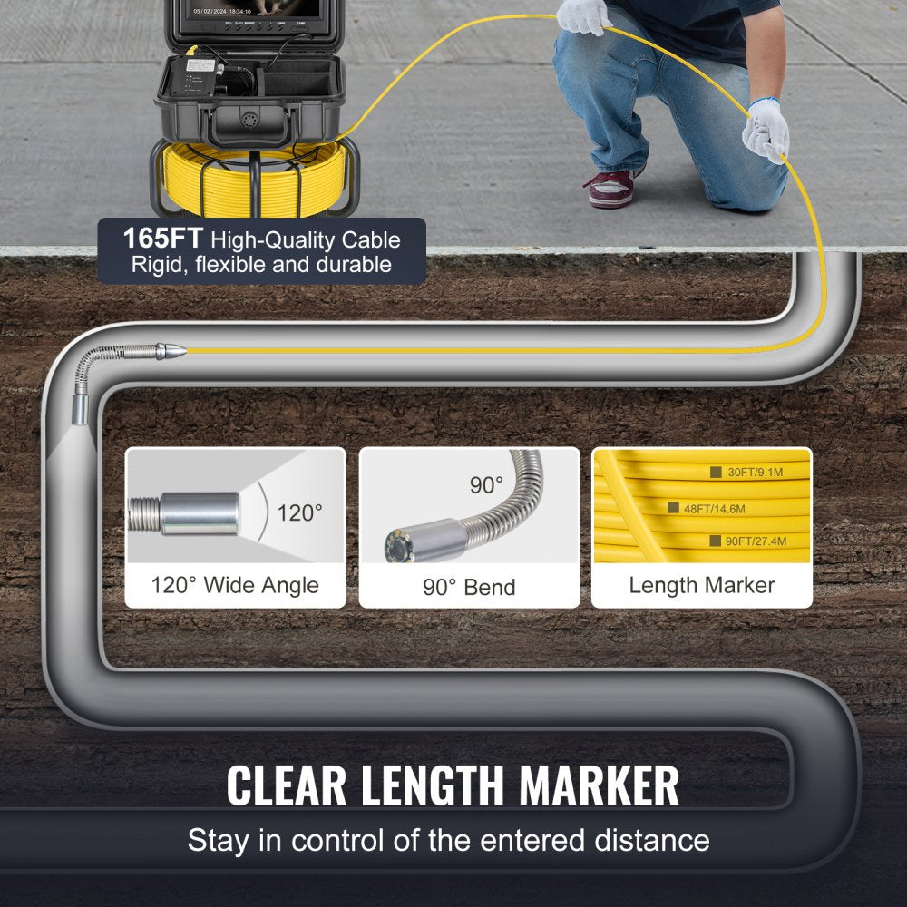 VEVOR Sewer Camera 165 ft/50m Self-Leveling Drain Camera with 9
