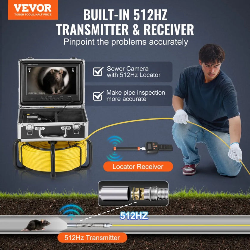 VEVOR Sewer Camera 165 ft/50 m Self-Leveling Drain Duct Camera with 512Hz Locator