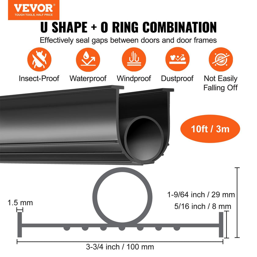 VEVOR Garage Door Seals Bottom Rubber, U Shape +O Ring Combination Garage Door Bottom Weather Seal, 10ft Weatherproofing Garage Door Seal, 5/16 inch T-ends and 3 3/4 inch Width, for Doors, Black
