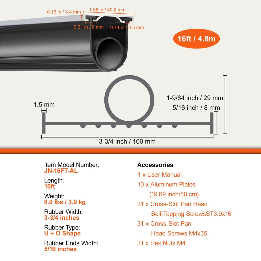 VEVOR Garage Door Seals Bottom Rubber, U Shape +O Ring Garage Door Bottom Weather Seal with Pre-drilled Aluminum Track Retainer Kit, 16ft 5/16 inch T-ends and 3 3/4 inch Width, for Doors, Black