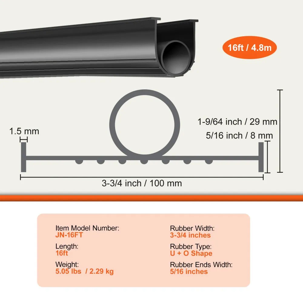 VEVOR Garage Door Seals Bottom Rubber, U Shape +O Ring Combination Garage Door Bottom Weather Seal, 16ft Weatherproofing Garage Door Seal, 5/16 inch T-ends and 3 3/4 inch Width, for Doors, Black