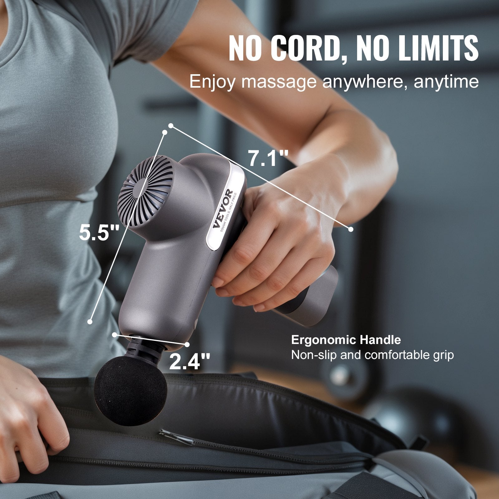 VEVOR Massage Gun Deep Tissue, Percussion Muscle Massager for Athletes - with 5 Speed Levels & 6 Massage Heads, 7.4V 2500mAh Batteries, Handheld Electric Massage Gun for Pain Relief, Muscle Relaxation