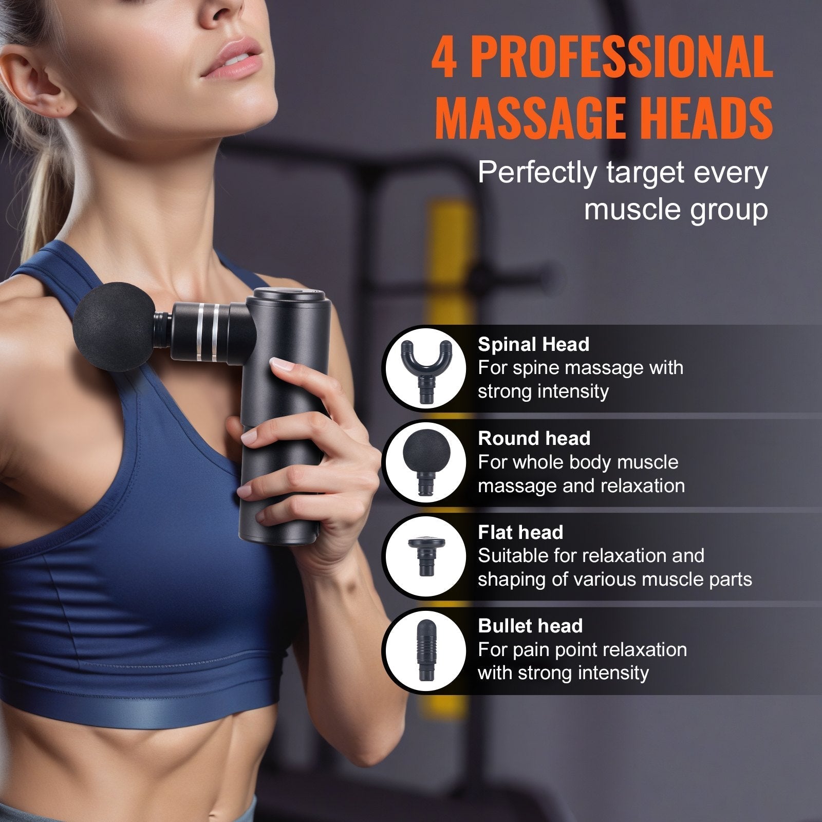 VEVOR Massage Gun Deep Tissue, Percussion Muscle Massager for Athletes - with 4 Speed Levels & 4 Massage Heads, 12V 2500mAh Batteries, Handheld Electric Massage Gun for Pain Relief, Muscle Relaxation