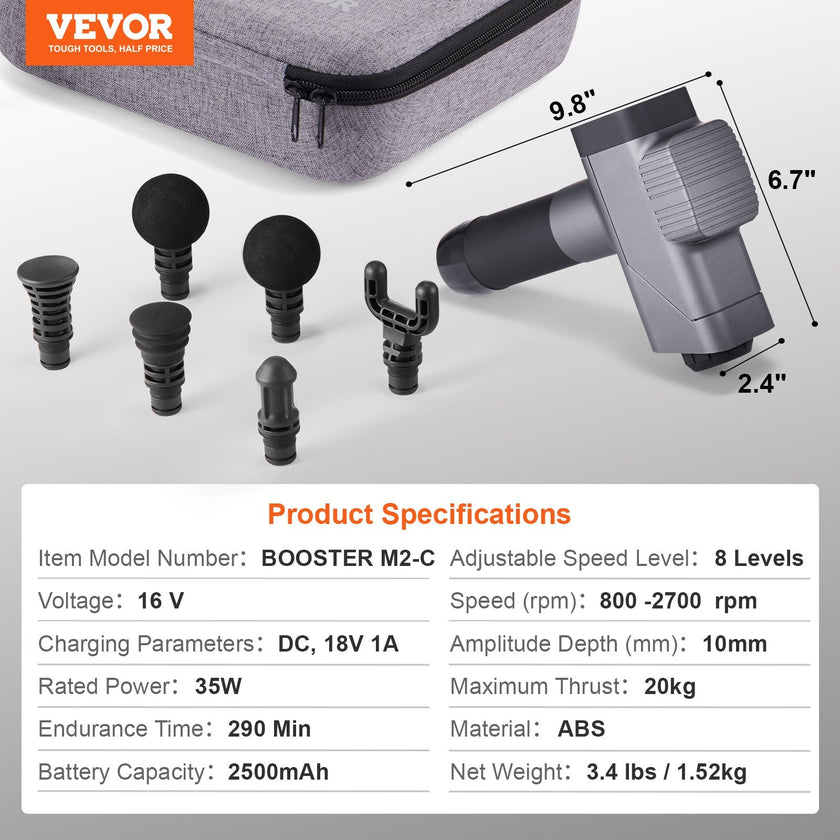 VEVOR Massage Gun Deep Tissue, Percussion Muscle Massager for Athletes - with 8 Speed Levels & 6 Massage Heads, 16V 2500mAh Batteries, Handheld Electric Massage Gun for Pain Relief, Muscle Relaxation