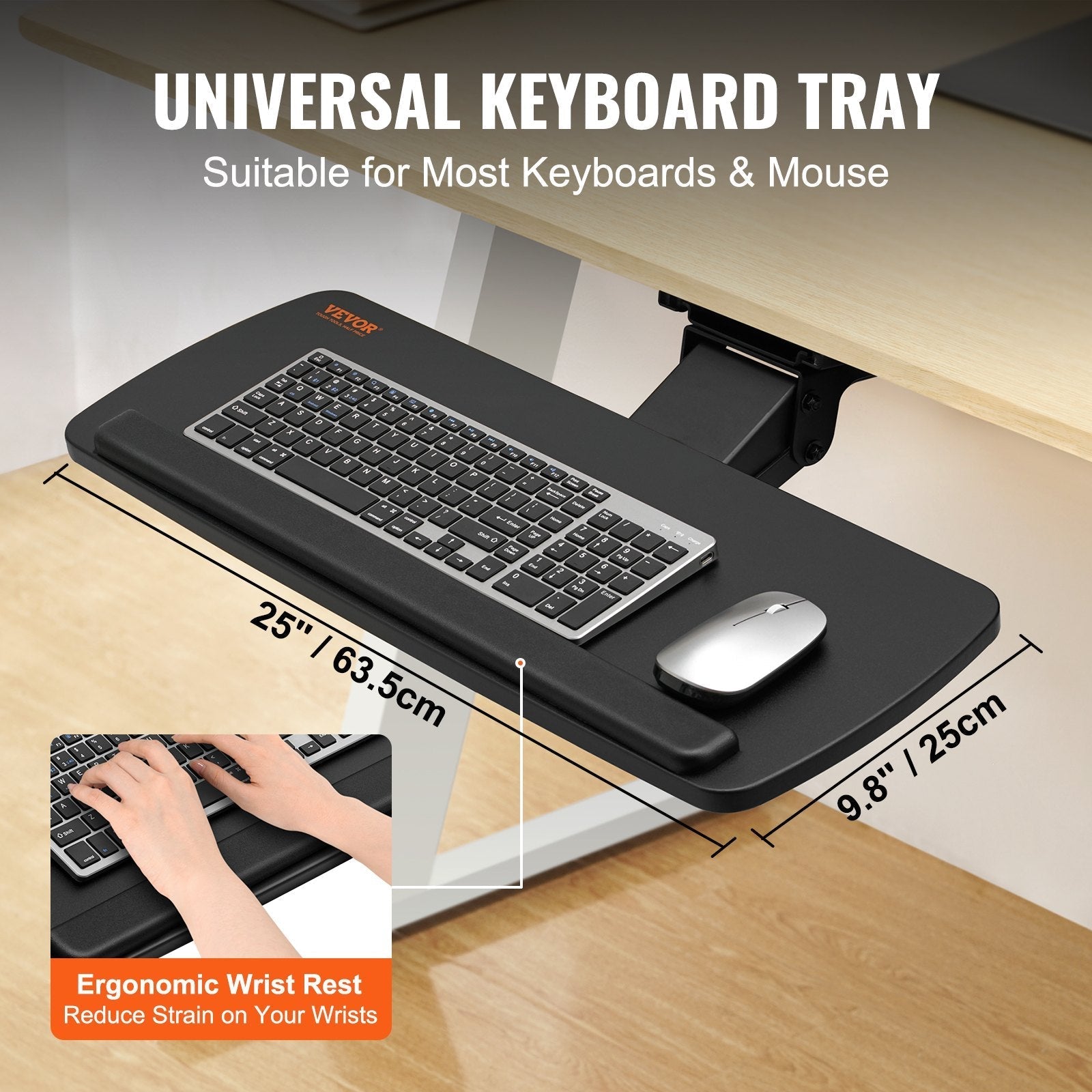 VEVOR Keyboard Tray Under Desk, Height and Angle Adjustable Ergonomic Keyboard/Mouse Tray Under Desk, Large 25x9.8 inch Slide-out Computer Drawer for Typing in Home, Office Work