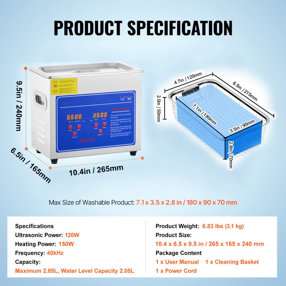 VEVOR Professional Ultrasonic Cleaner, 2.85 L Ultrasonic Jewelry Cleaner with Digital Timer & Heater, Stainless Steel Industrial Sonic Cleaner 40kHz for Glasses, Watches, Rings, Small Parts