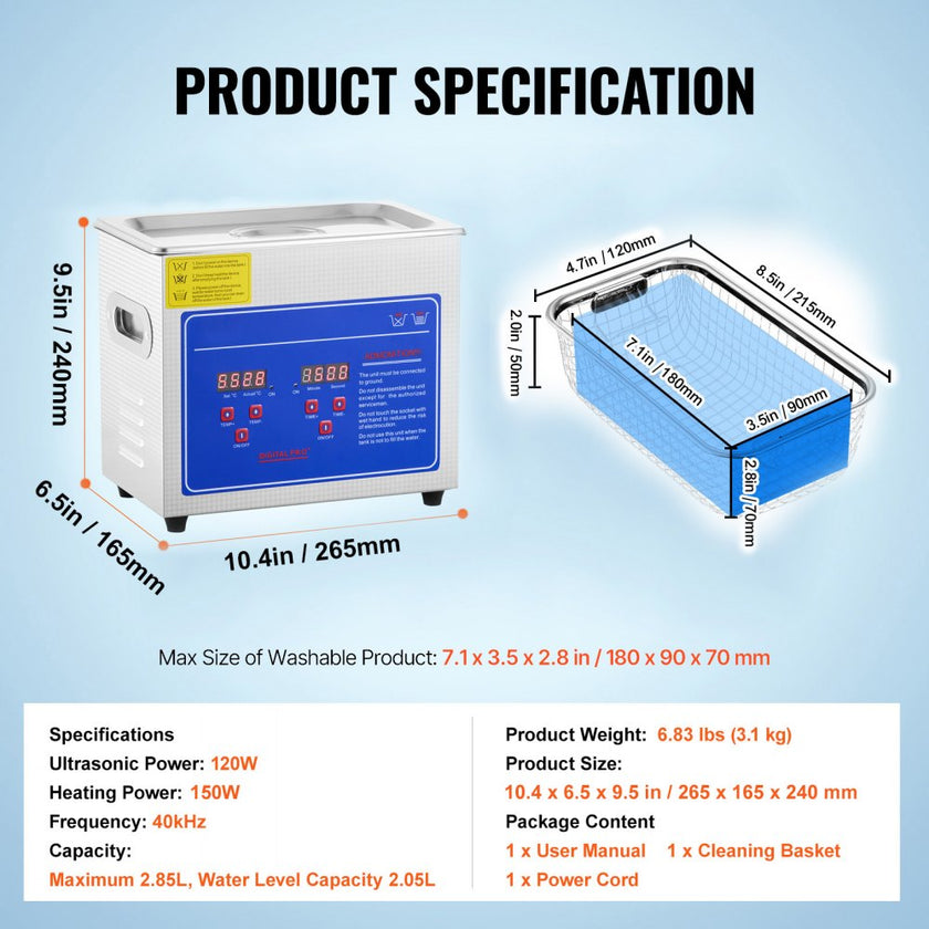 VEVOR Professional Ultrasonic Cleaner, 2.85 L Ultrasonic Jewelry Cleaner with Digital Timer & Heater, Stainless Steel Industrial Sonic Cleaner 40kHz for Glasses, Watches, Rings, Small Parts