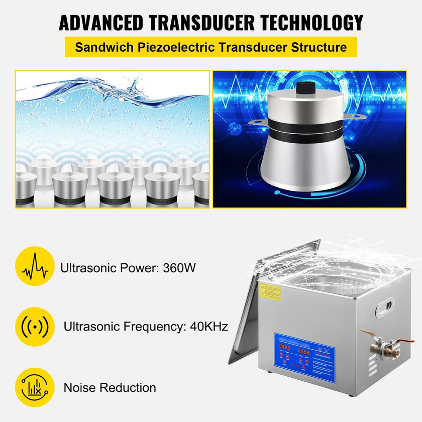 VEVOR 15L Ultrasonic Cleaner with Digital Timer&Heater Professional Ultrasonic Cleaner 40kHz Advanced Ultrasonic Cleaner 110V for Wrench Screwdriver Repairing Tools Industrial Parts Metal Cleaning