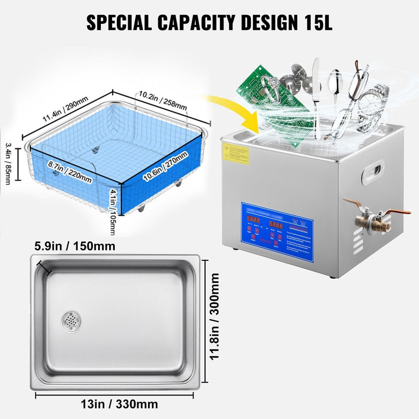 VEVOR 15L Ultrasonic Cleaner with Digital Timer&Heater Professional Ultrasonic Cleaner 40kHz Advanced Ultrasonic Cleaner 110V for Wrench Screwdriver Repairing Tools Industrial Parts Metal Cleaning