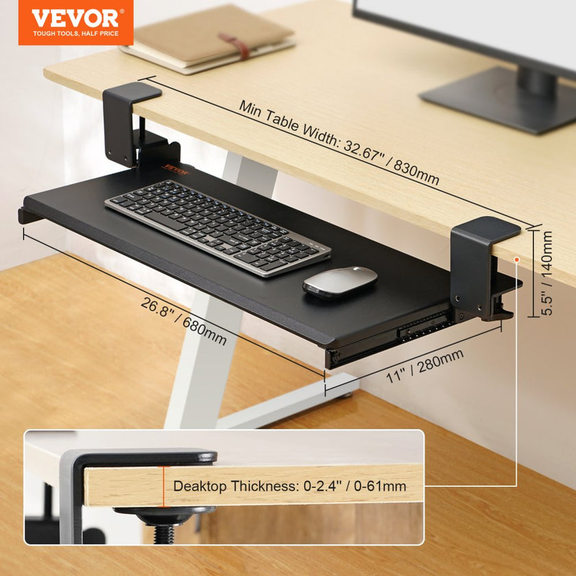 VEVOR Keyboard Tray Under Desk, Pull out Keyboard/Mouse Tray Under Desk with Sturdy No-drill C Clamp Mount, Large 26.8 x 11 inch Slide-out Computer Drawer for Typing in Home, Office Work