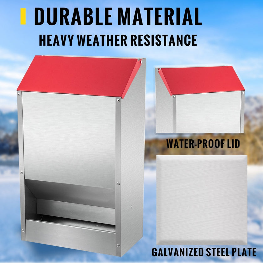 VEVOR Galvanized Poultry Feeder Holds 50lbs of Feed Chicken Feeders No Waste 13.8x11x25.6in Hanging Chicken Feeder with Lid Weatherproof Outdoor Coop Food Dispenser Tilted lid