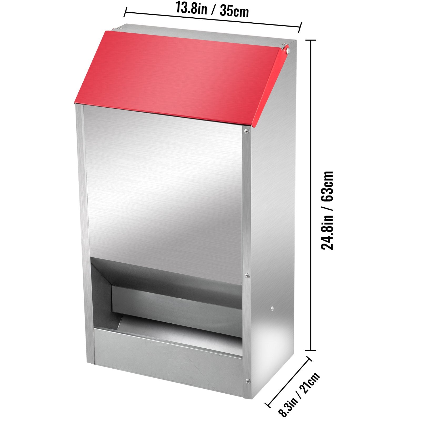 VEVOR Galvanized Poultry Feeder Holds 50lbs of Feed Chicken Feeders No Waste 13.8x11x25.6in Hanging Chicken Feeder with Lid Weatherproof Outdoor Coop Food Dispenser Tilted lid