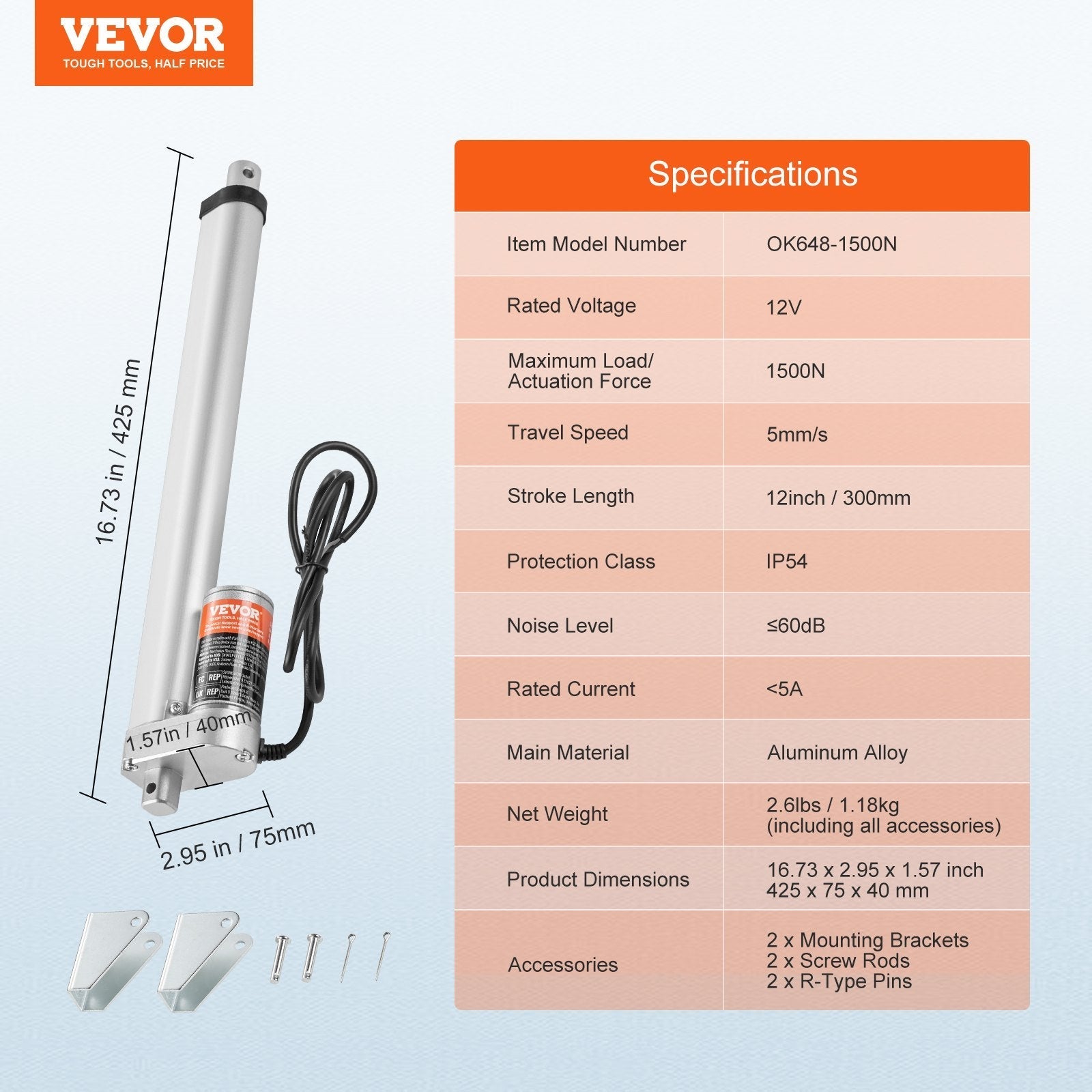 VEVOR Linear Actuator 12V, 12 Inch High Load 330lbs/1500N Linear Actuator, 0.19