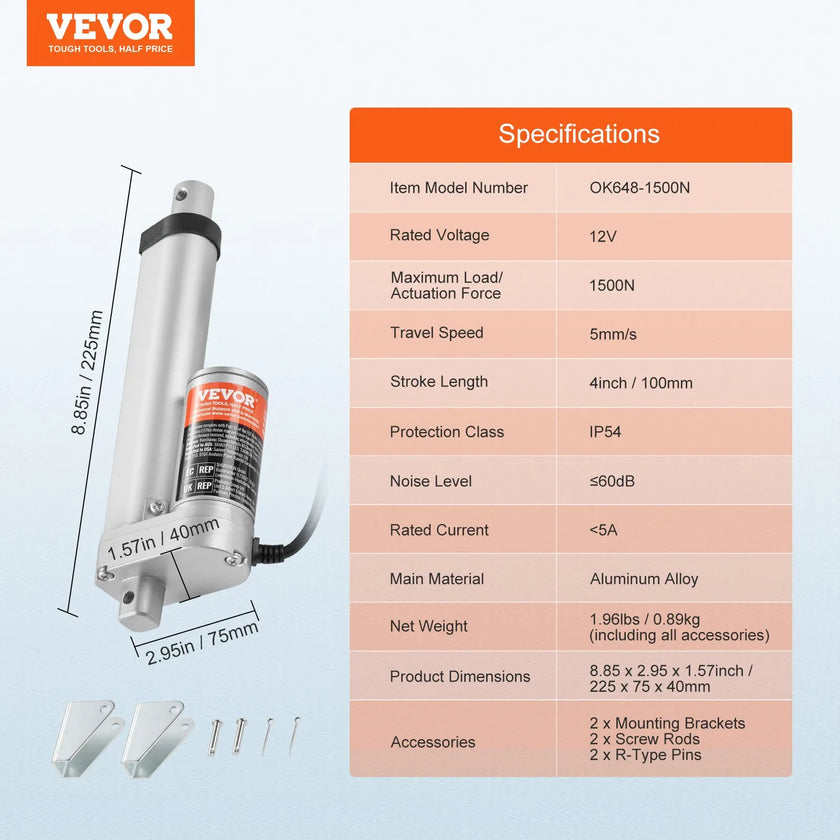 VEVOR Linear Actuator 12V, 4 Inch High Load 330lbs/1500N Linear Actuator, 0.19