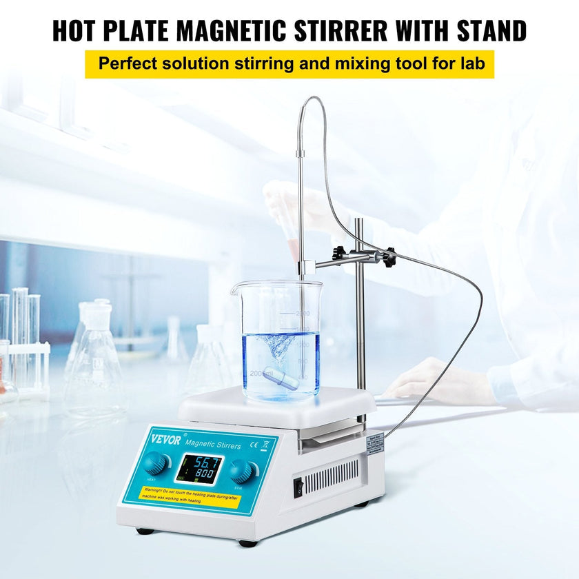 VEVOR Magnetic Stirrer Hot Plate, 200-2000 RPM Digital Hotplate Magnetic Stirrer, 2L Lab Heating Plate Stirrer w/ Support Stand, Max 572°F / 300°C Heating Temperature 500W Heating Power for Lab Mixing