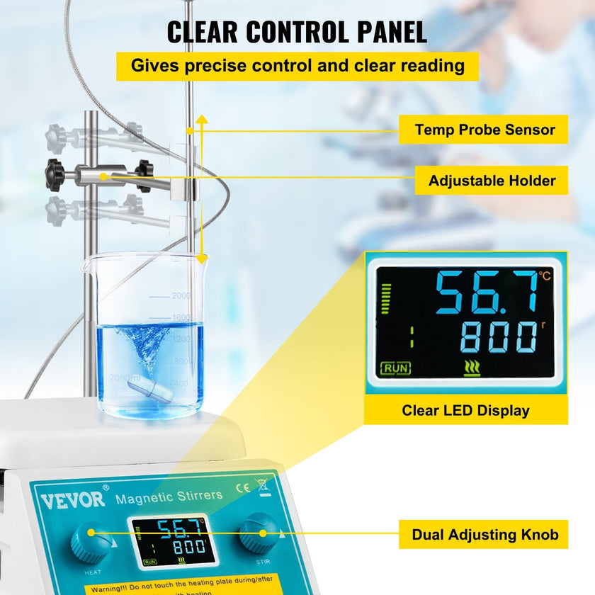 VEVOR Magnetic Stirrer Hot Plate, 200-2000 RPM Digital Hotplate Magnetic Stirrer, 2L Lab Heating Plate Stirrer w/ Support Stand, Max 572°F / 300°C Heating Temperature 500W Heating Power for Lab Mixing