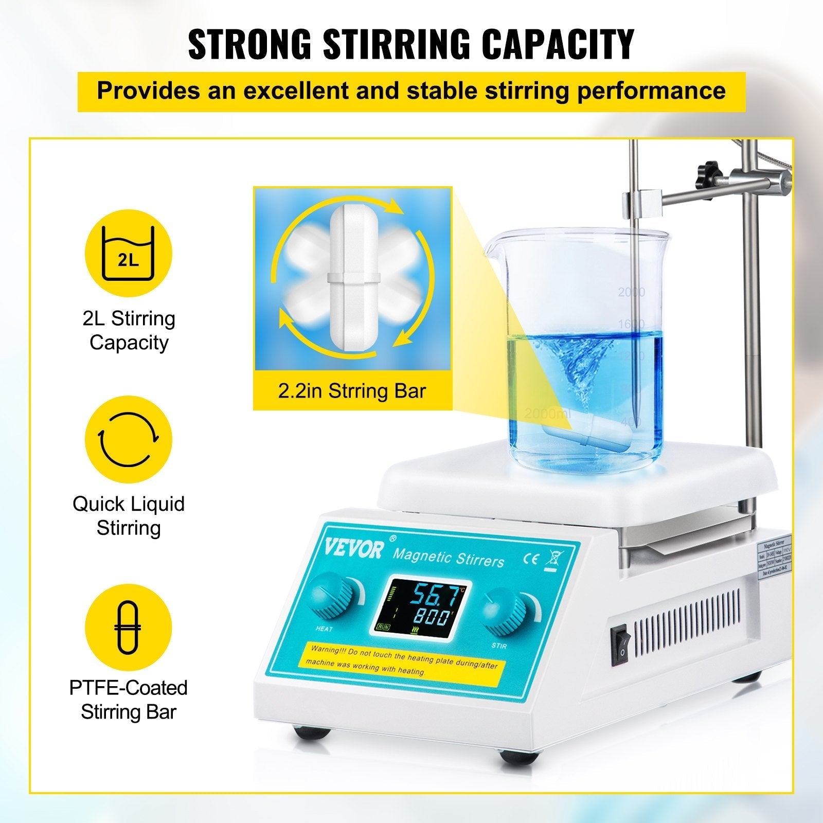 VEVOR Magnetic Stirrer Hot Plate, 200-2000 RPM Digital Hotplate Magnetic Stirrer, 2L Lab Heating Plate Stirrer w/ Support Stand, Max 572°F / 300°C Heating Temperature 500W Heating Power for Lab Mixing