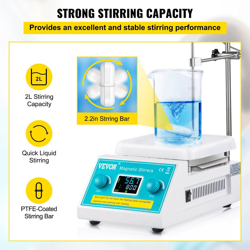 VEVOR Magnetic Stirrer Hot Plate, 200-2000 RPM Digital Hotplate Magnetic Stirrer, 2L Lab Heating Plate Stirrer w/ Support Stand, Max 572°F / 300°C Heating Temperature 500W Heating Power for Lab Mixing