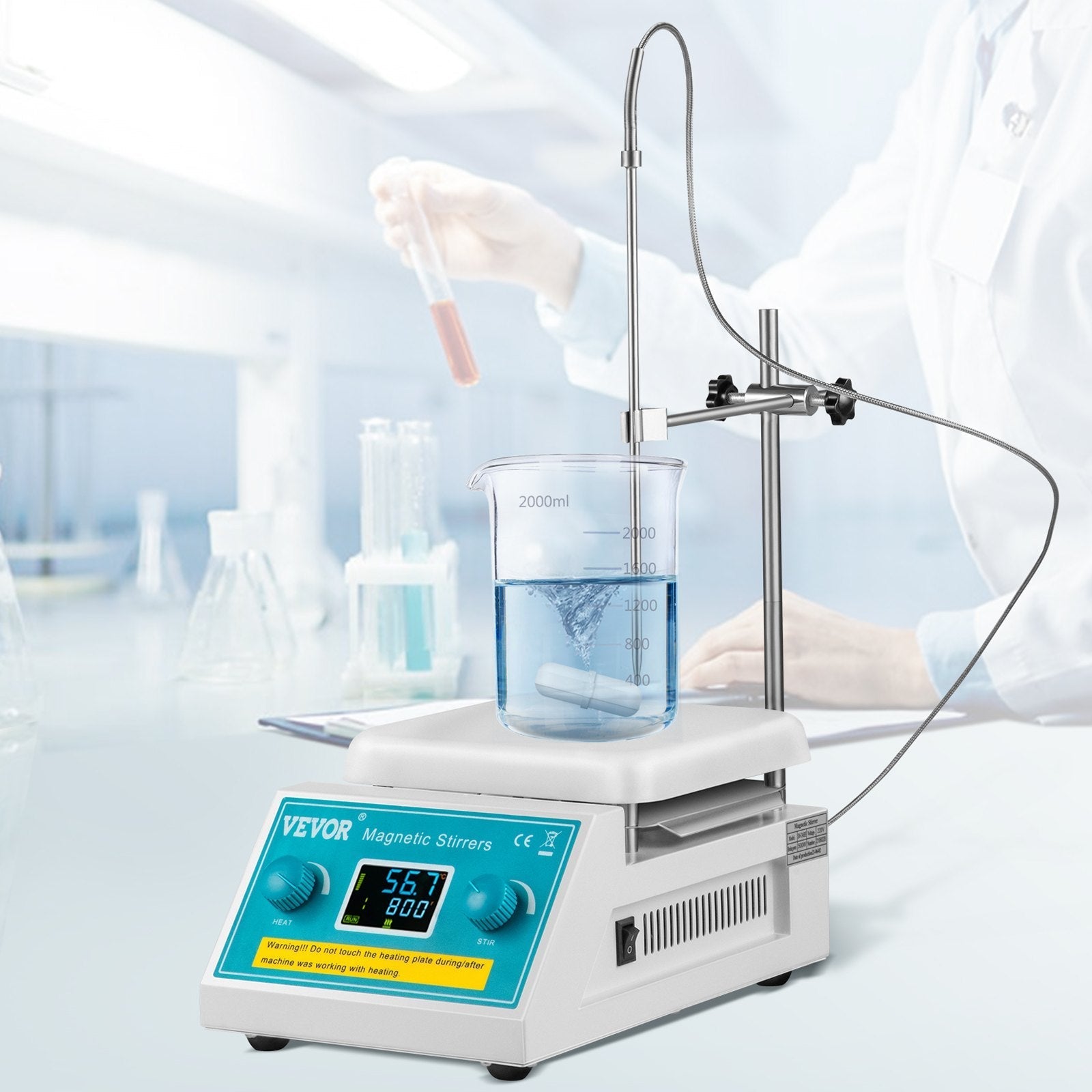 VEVOR Magnetic Stirrer Hot Plate, 200-2000 RPM Digital Hotplate Magnetic Stirrer, 2L Lab Heating Plate Stirrer w/ Support Stand, Max 572°F / 300°C Heating Temperature 500W Heating Power for Lab Mixing