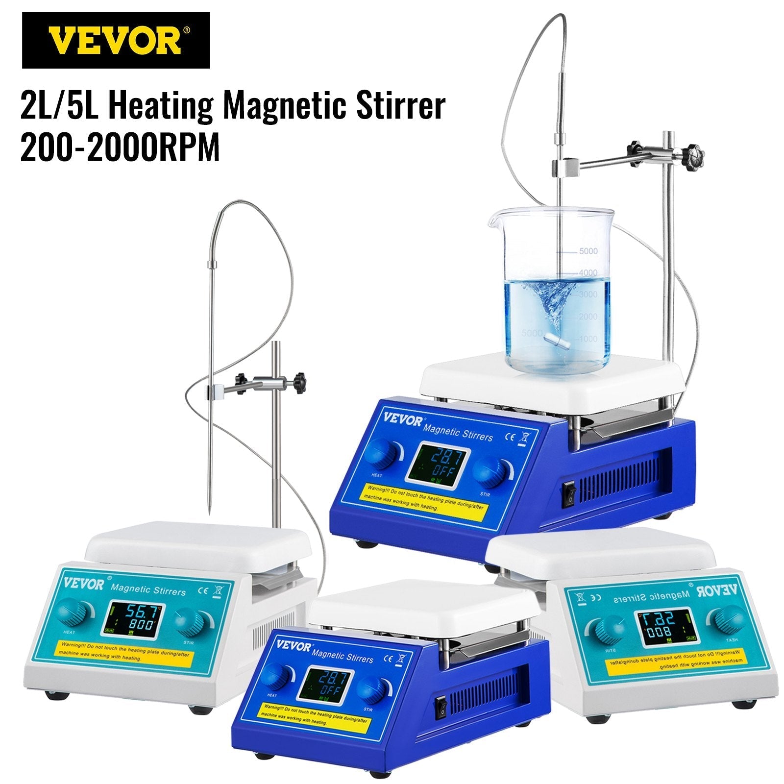 VEVOR Magnetic Stirrer Hot Plate, 200-2000 RPM Digital Hotplate Magnetic Stirrer, 2L Lab Heating Plate Stirrer w/ Support Stand, Max 572°F / 300°C Heating Temperature 500W Heating Power for Lab Mixing