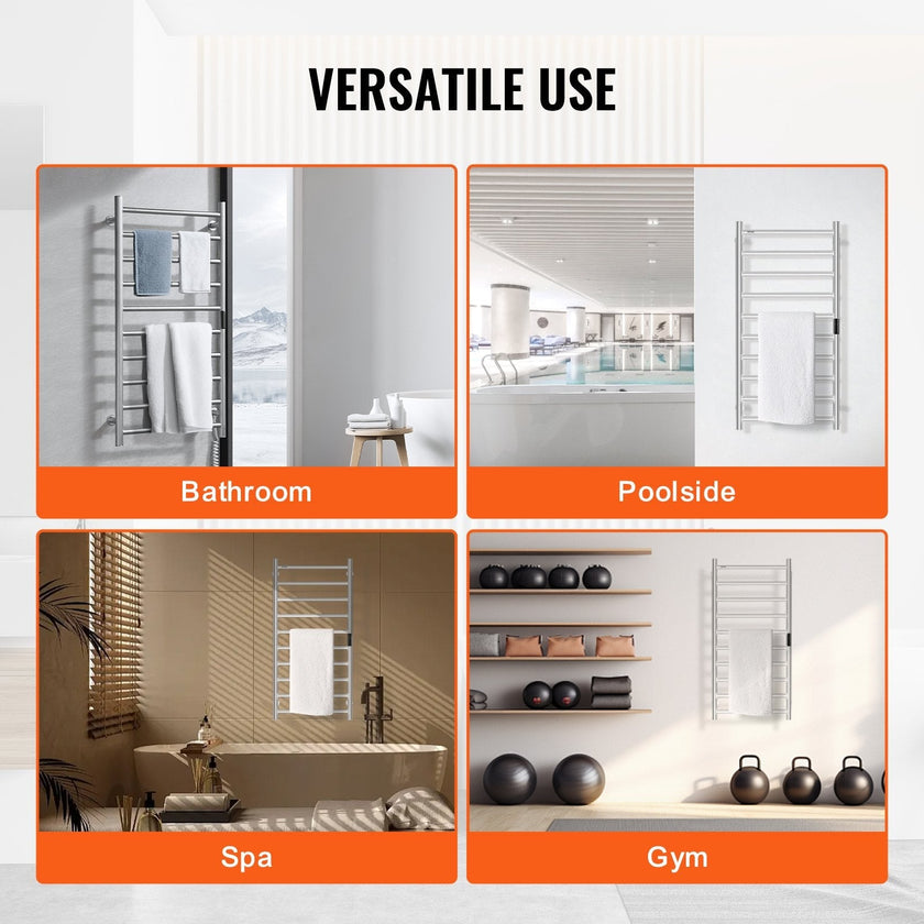 VEVOR 10 Bars Towel Warmer Rack Wall Mounted Heated Towel Rack Bathroom Silver