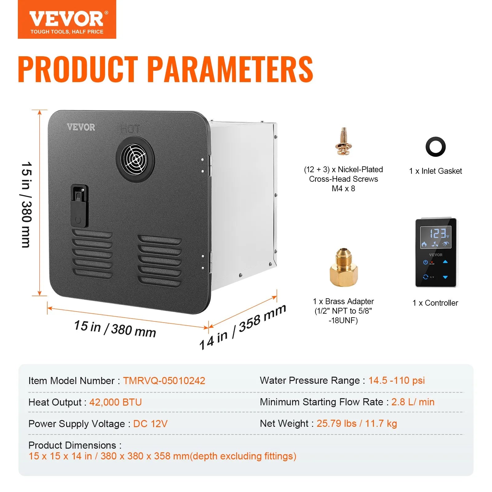 VEVOR RV Tankless Water Heater 15x15 in Propane Gas 42000BTU with Controller
