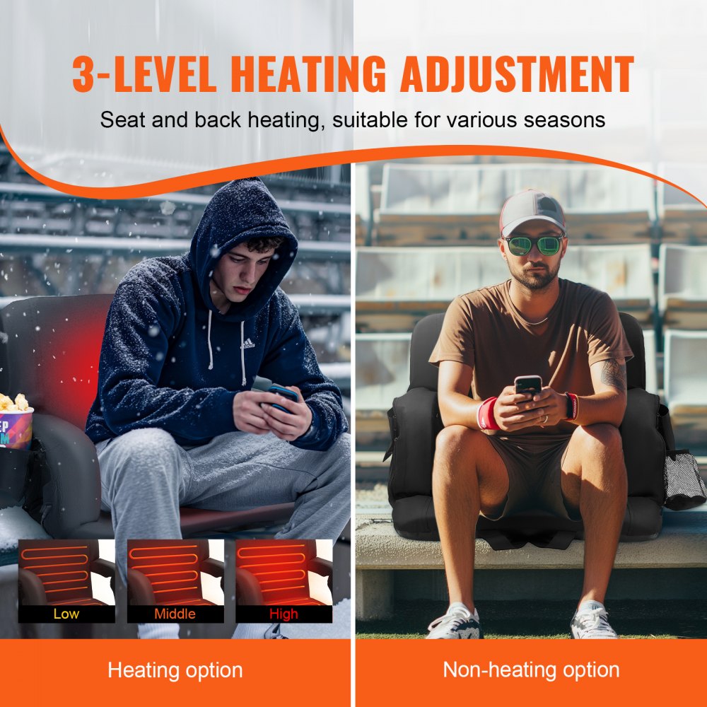 VEVOR Double Heated Stadium Seat with Back Support, 3 Level Heating Wide Bleacher Seat, Folding Portable Padded Reclining Chair with Hook Pocket Cupholder, Ideal for Sport Event Beach Camping Concert