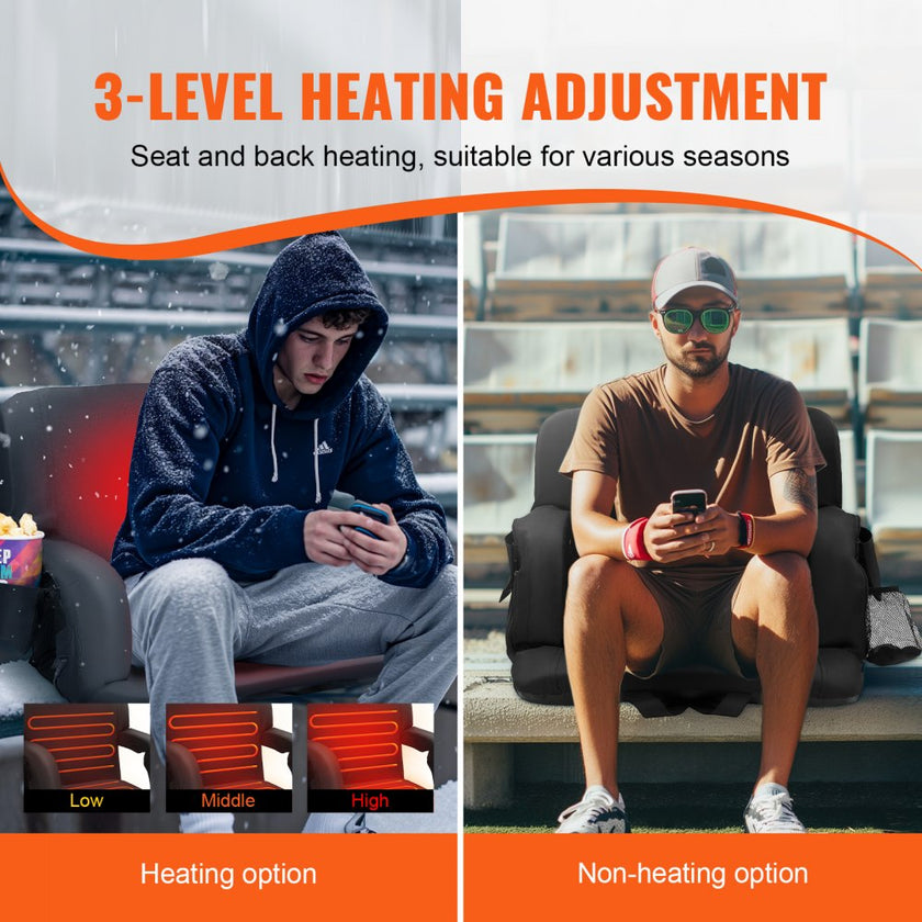 VEVOR Double Heated Stadium Seat with Back Support, 3 Level Heating Wide Bleacher Seat, Folding Portable Padded Reclining Chair with Hook Pocket Cupholder, Ideal for Sport Event Beach Camping Concert