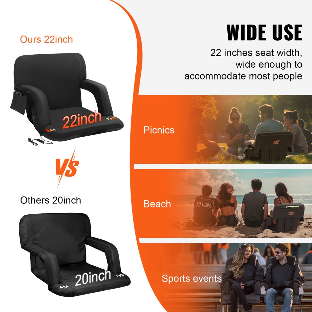 VEVOR Double Heated Stadium Seat with Back Support, 3 Level Heating Wide Bleacher Seat, Folding Portable Padded Reclining Chair with Hook Pocket Cupholder, Ideal for Sport Event Beach Camping Concert