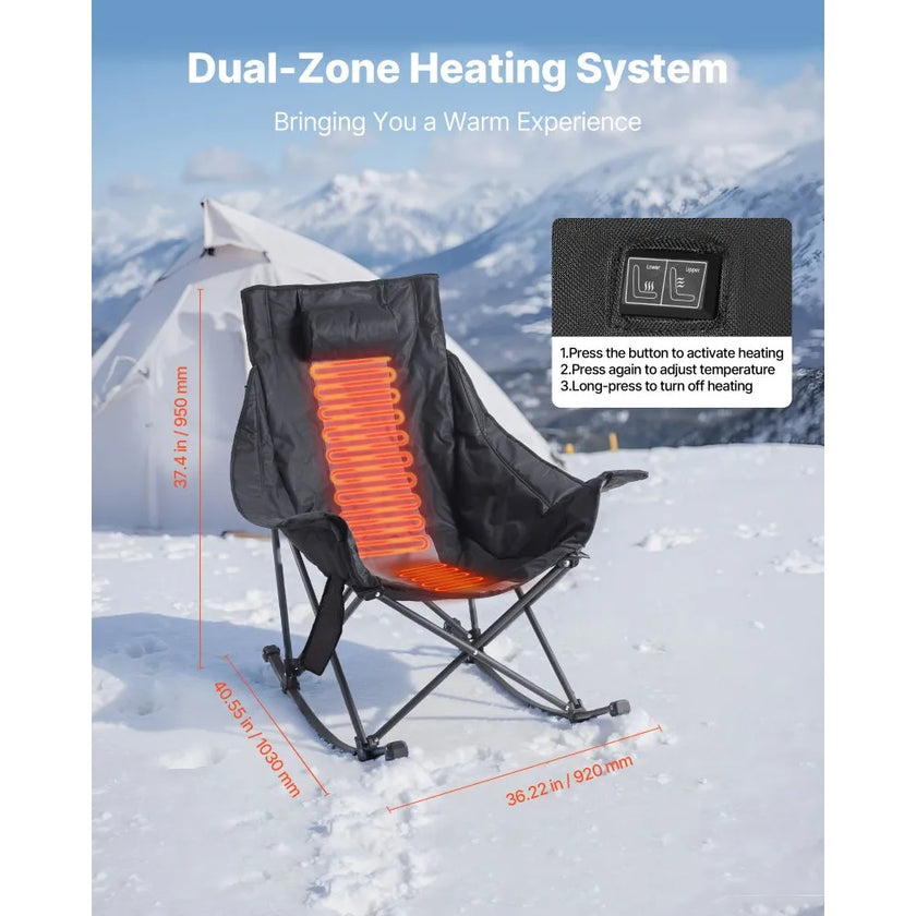 Heated Camping Rocking Chair with Dual-Zone Heating, 3 Heat Settings, Folding Outdoor Chair with Cup Holder & Storage Pocket, Supports 225 lbs
