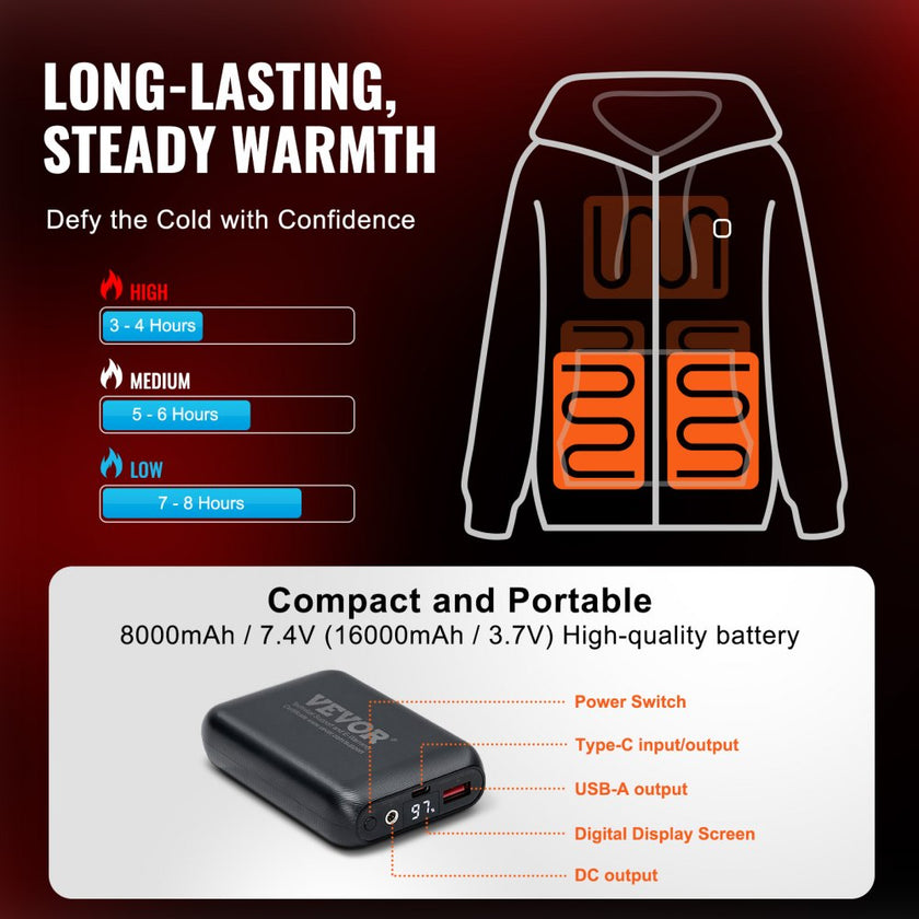 VEVOR Heated Hoodie Sweatshirt Zip Up Unisex with Battery for Men&Women XL Black