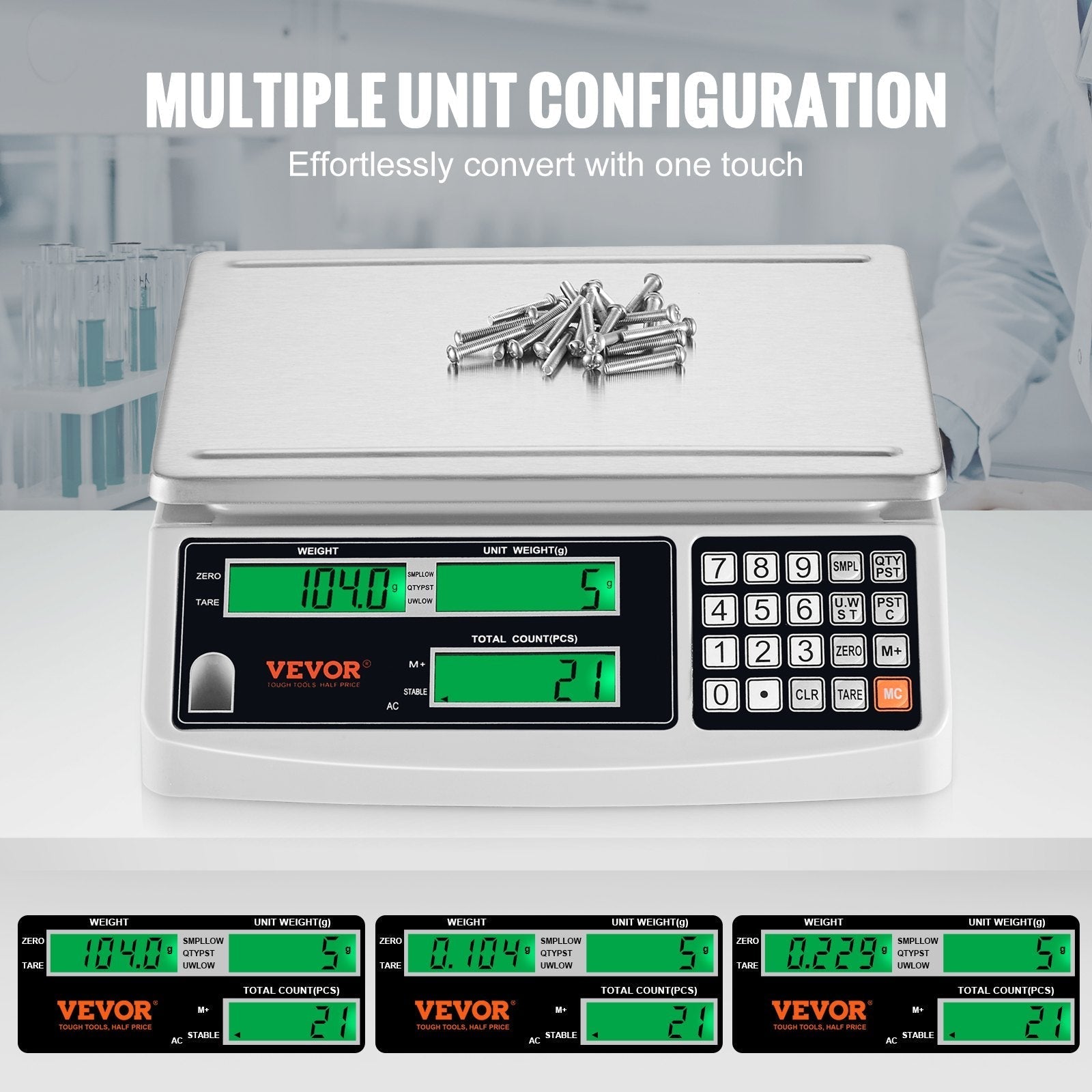 VEVOR Industrial Counting Scale, 30 kg x 1 g, Digital Scale for Parts and Coins, g/kg/lb Units, Electronic Gram Scale Inventory Piece Counting Scale Kitchen Jewelry Counting Scale with 3 LCD Screens