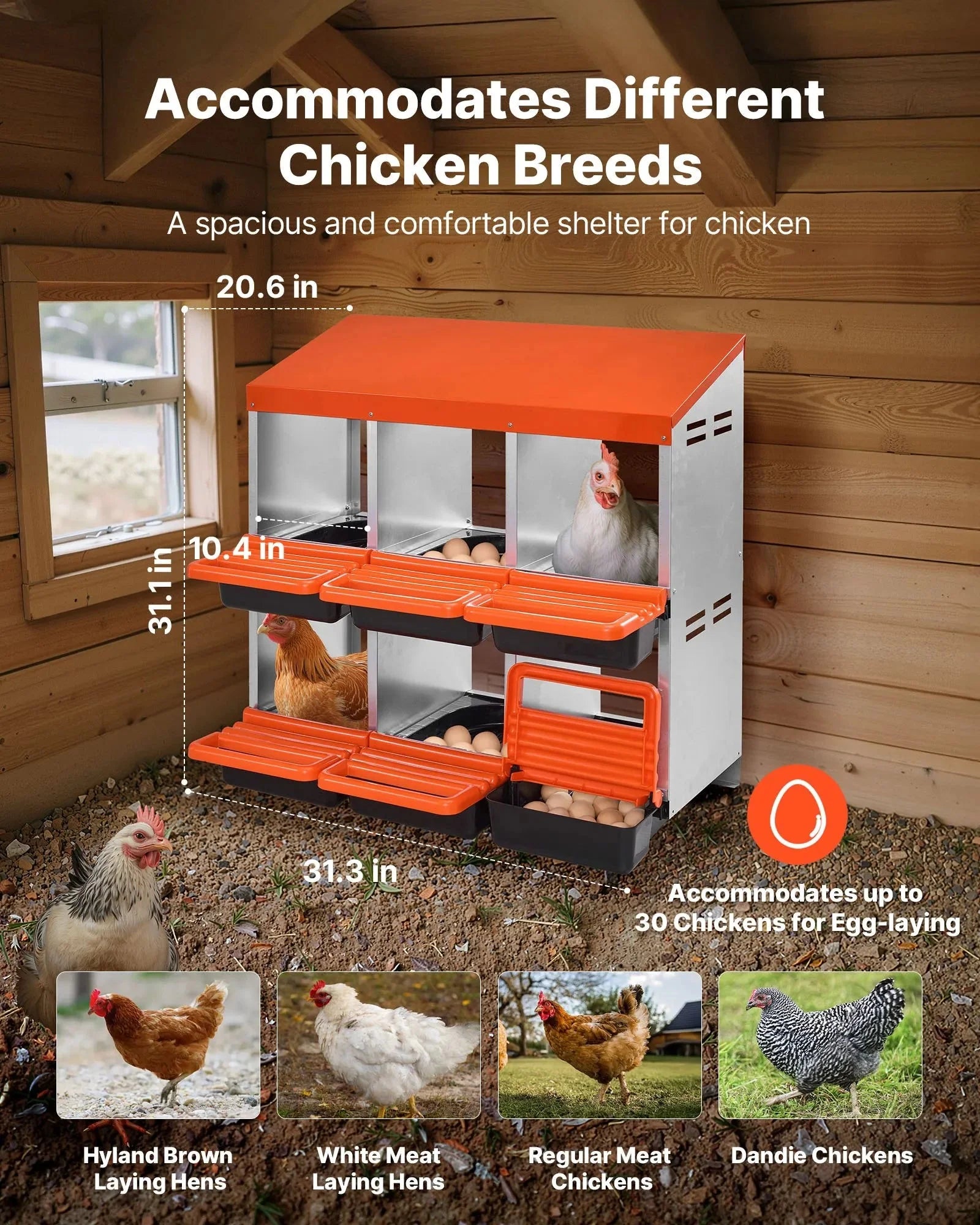 VEVOR 2 Tiers Chicken Nesting Boxes, 6 Compartments, Metal Egg Laying Boxes with Protective Collection Lids, Roll Out Nesting Box, Easy to Assemble, Ideal for Hens, Ducks, Chickens, and Other Poultry