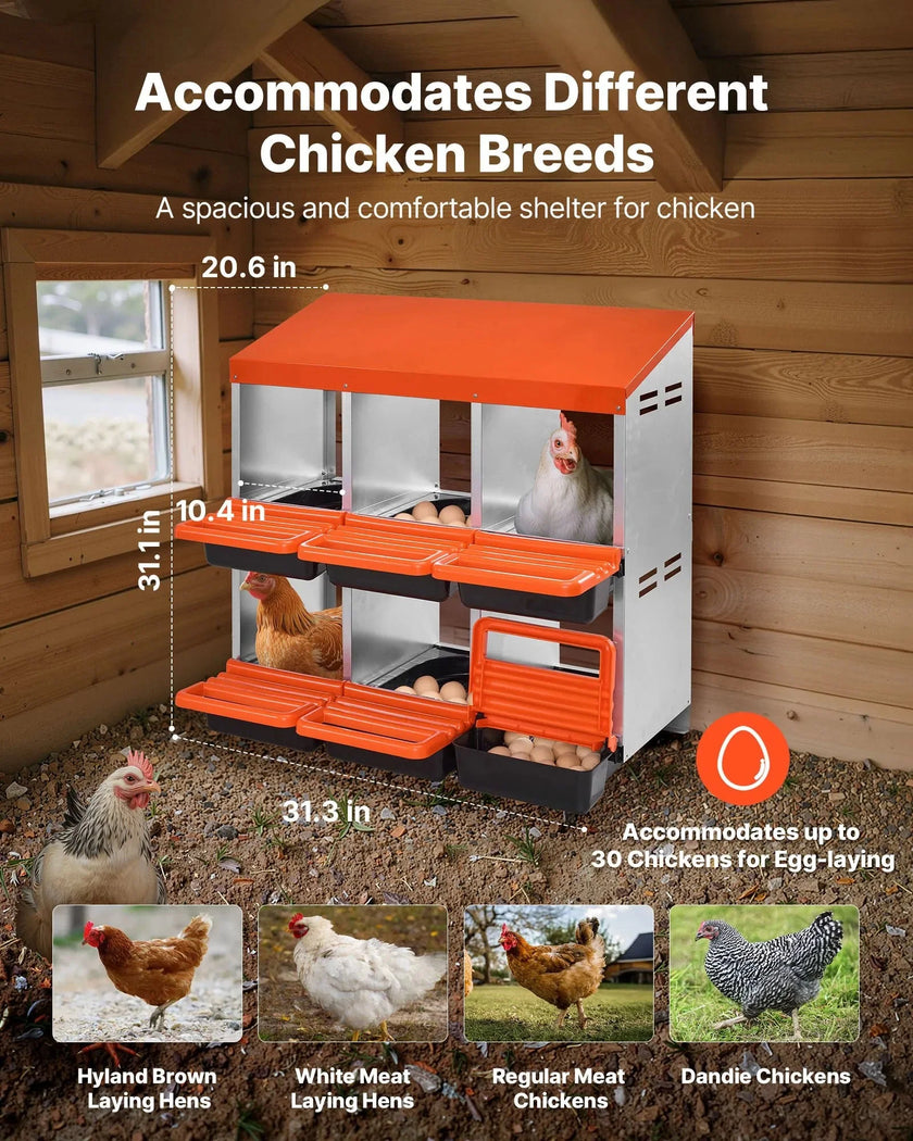 VEVOR 2 Tiers Chicken Nesting Boxes, 6 Compartments, Metal Egg Laying Boxes with Protective Collection Lids, Roll Out Nesting Box, Easy to Assemble, Ideal for Hens, Ducks, Chickens, and Other Poultry