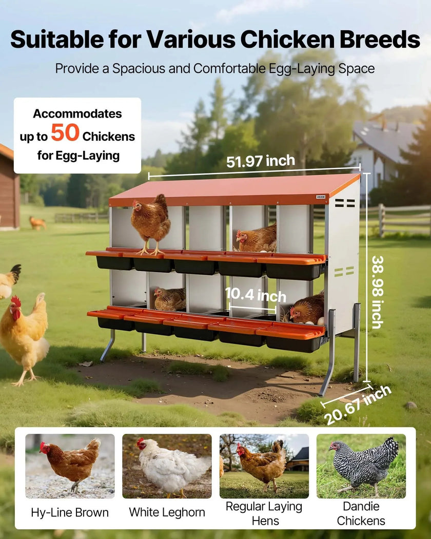 VEVOR Chicken Nesting Boxes, 10 Compartments, with Support Legs, Easy Egg Collection, Galvanized Steel and High-Strength Plastic, Roll Away Nesting Boxes for Chickens and Hens Laying Eggs, Orange