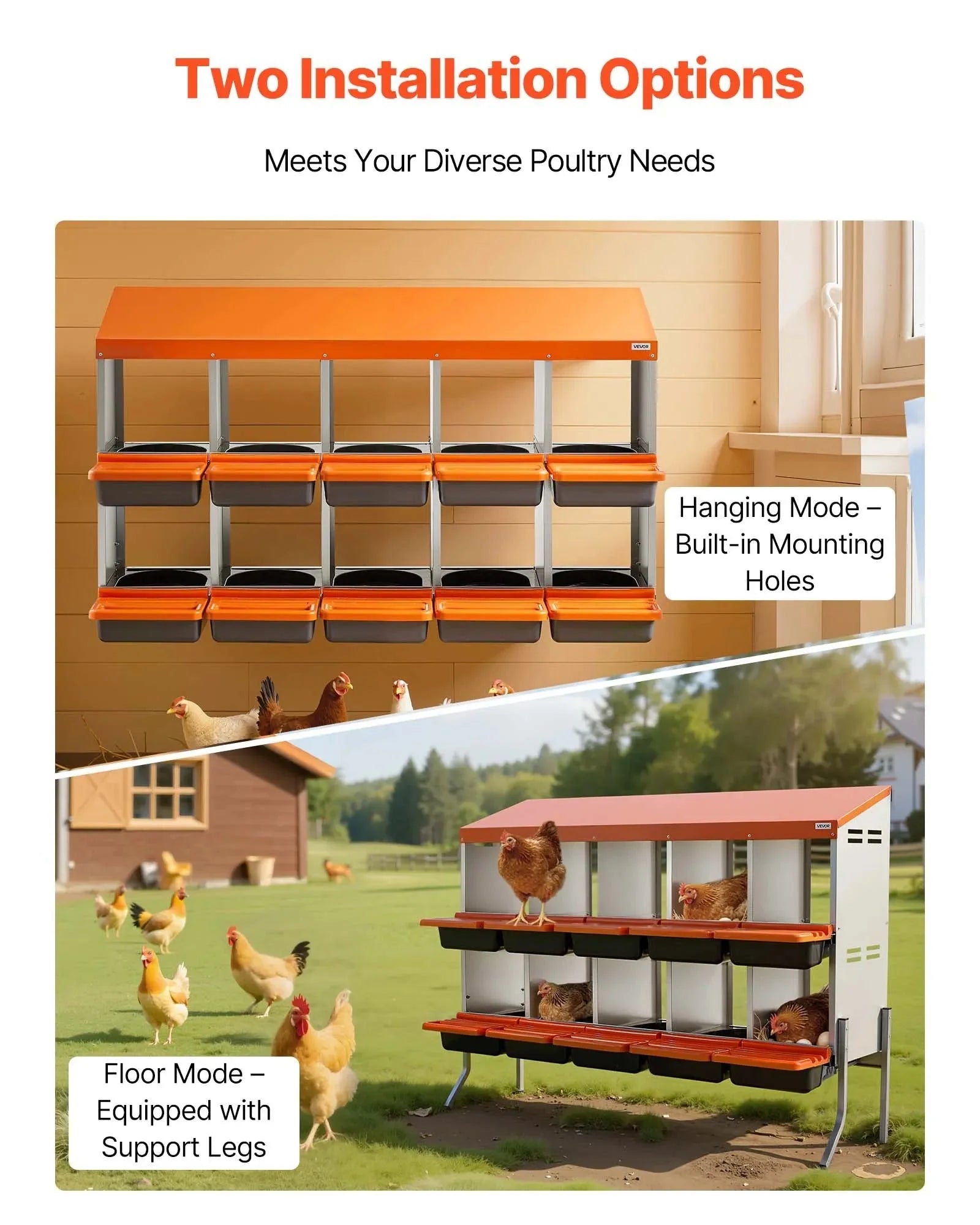 VEVOR Chicken Nesting Boxes, 10 Compartments, with Support Legs, Easy Egg Collection, Galvanized Steel and High-Strength Plastic, Roll Away Nesting Boxes for Chickens and Hens Laying Eggs, Orange