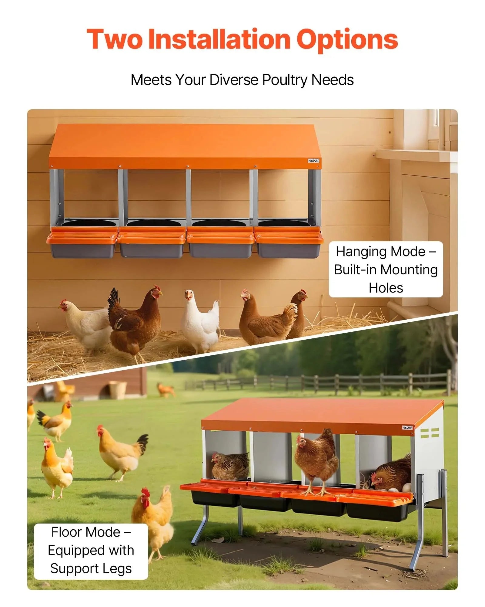 VEVOR Chicken Nesting Boxes, 4 Compartments, with Support Legs, Easy Egg Collection, Galvanized Steel and High-Strength Plastic, Roll Away Nesting Boxes for Chickens and Hens Laying Eggs, Orange