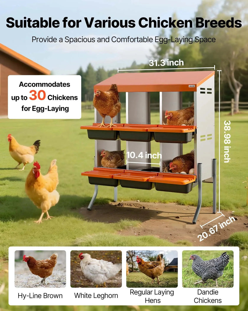 VEVOR Chicken Nesting Boxes, 6 Compartments, with Support Legs, Easy Egg Collection, Galvanized Steel and High-Strength Plastic, Roll Away Nesting Boxes for Chickens and Hens Laying Eggs, Orange