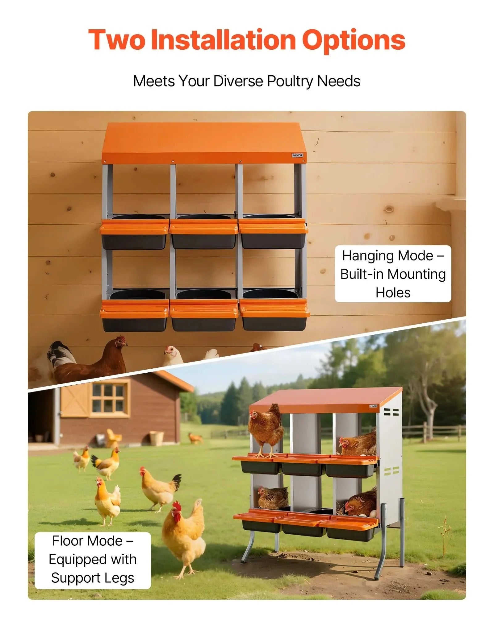 VEVOR Chicken Nesting Boxes, 6 Compartments, with Support Legs, Easy Egg Collection, Galvanized Steel and High-Strength Plastic, Roll Away Nesting Boxes for Chickens and Hens Laying Eggs, Orange