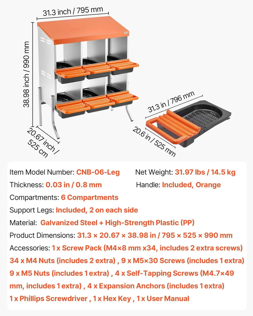 VEVOR Chicken Nesting Boxes, 6 Compartments, with Support Legs, Easy Egg Collection, Galvanized Steel and High-Strength Plastic, Roll Away Nesting Boxes for Chickens and Hens Laying Eggs, Orange