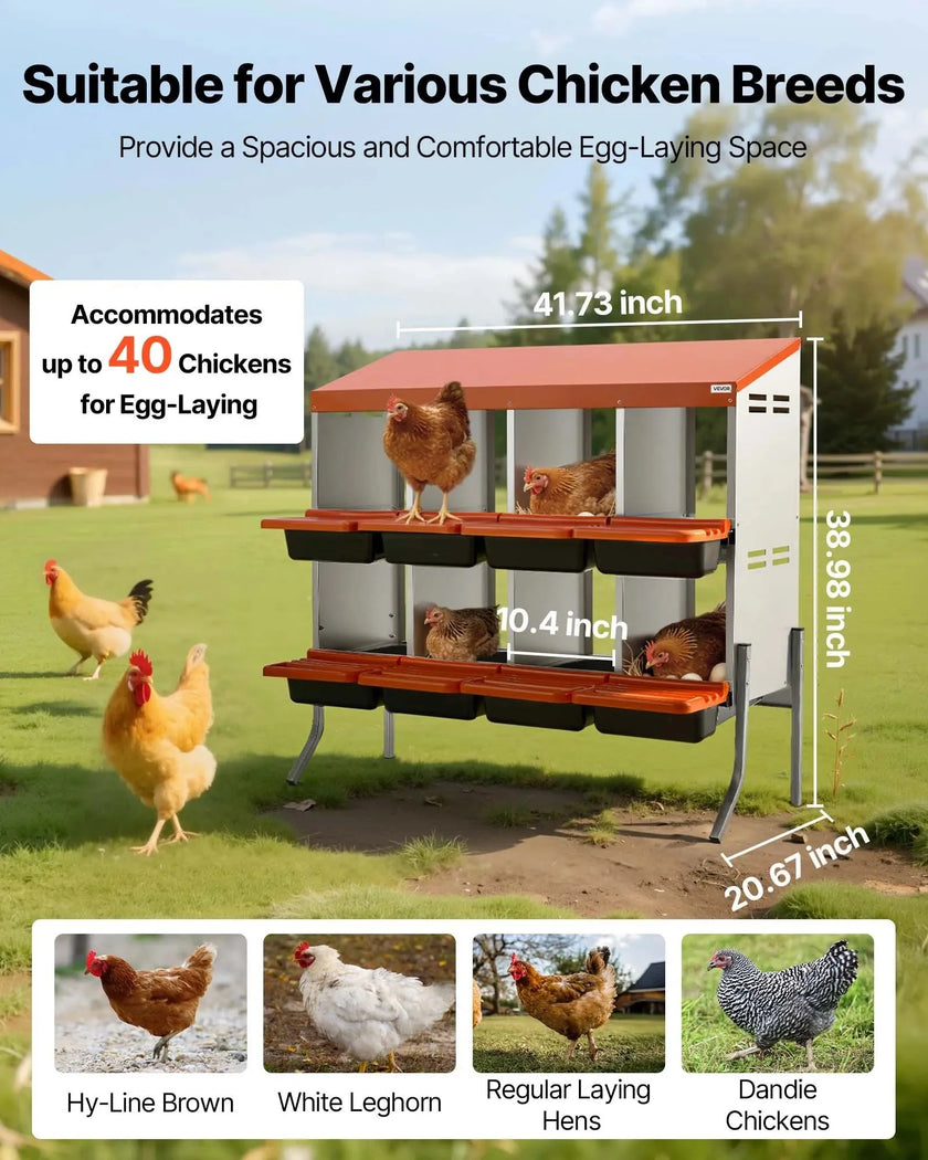 VEVOR Chicken Nesting Boxes, 8 Compartments, with Support Legs, Easy Egg Collection, Galvanized Steel and High-Strength Plastic, Roll Away Nesting Boxes for Chickens and Hens Laying Eggs, Orange
