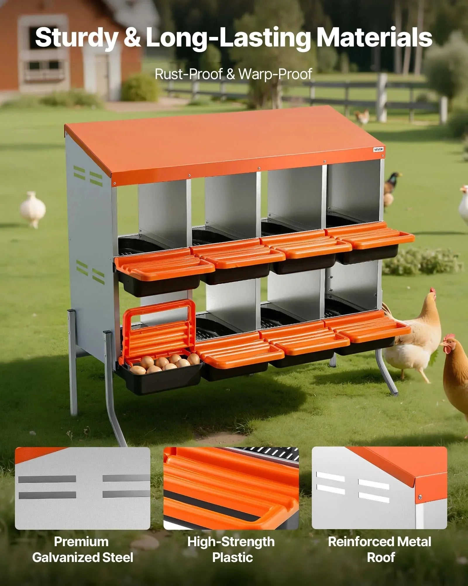 VEVOR Chicken Nesting Boxes, 8 Compartments, with Support Legs, Easy Egg Collection, Galvanized Steel and High-Strength Plastic, Roll Away Nesting Boxes for Chickens and Hens Laying Eggs, Orange