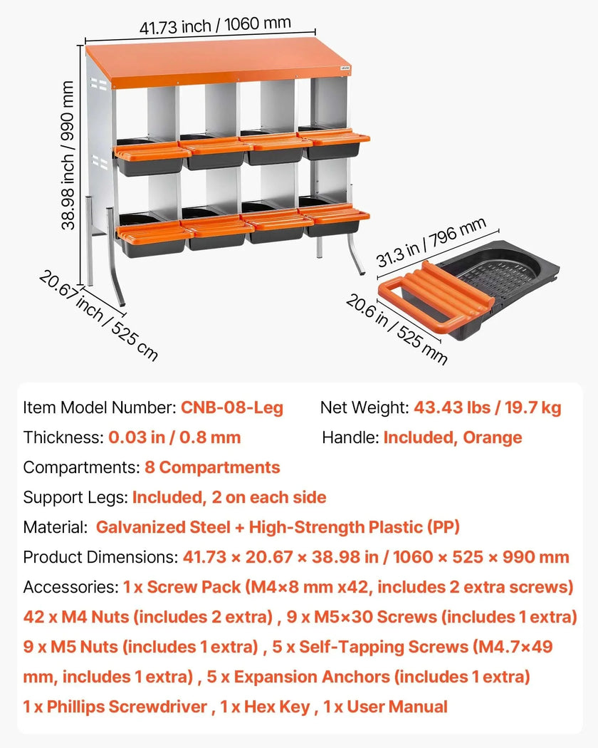 VEVOR Chicken Nesting Boxes, 8 Compartments, with Support Legs, Easy Egg Collection, Galvanized Steel and High-Strength Plastic, Roll Away Nesting Boxes for Chickens and Hens Laying Eggs, Orange