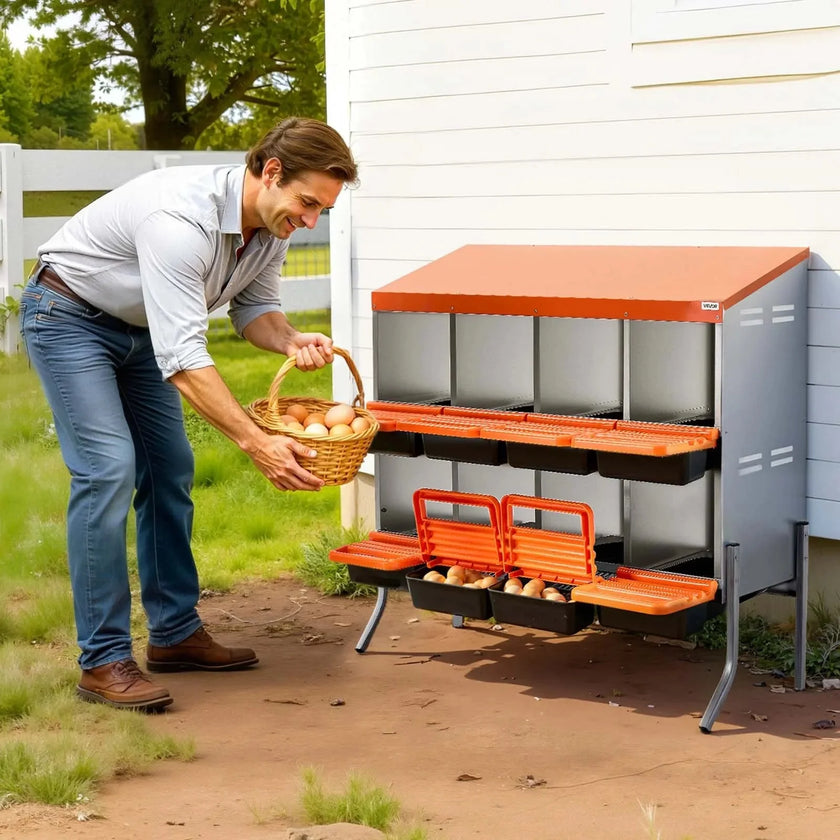 VEVOR Chicken Nesting Boxes, 8 Compartments, with Support Legs, Easy Egg Collection, Galvanized Steel and High-Strength Plastic, Roll Away Nesting Boxes for Chickens and Hens Laying Eggs, Orange