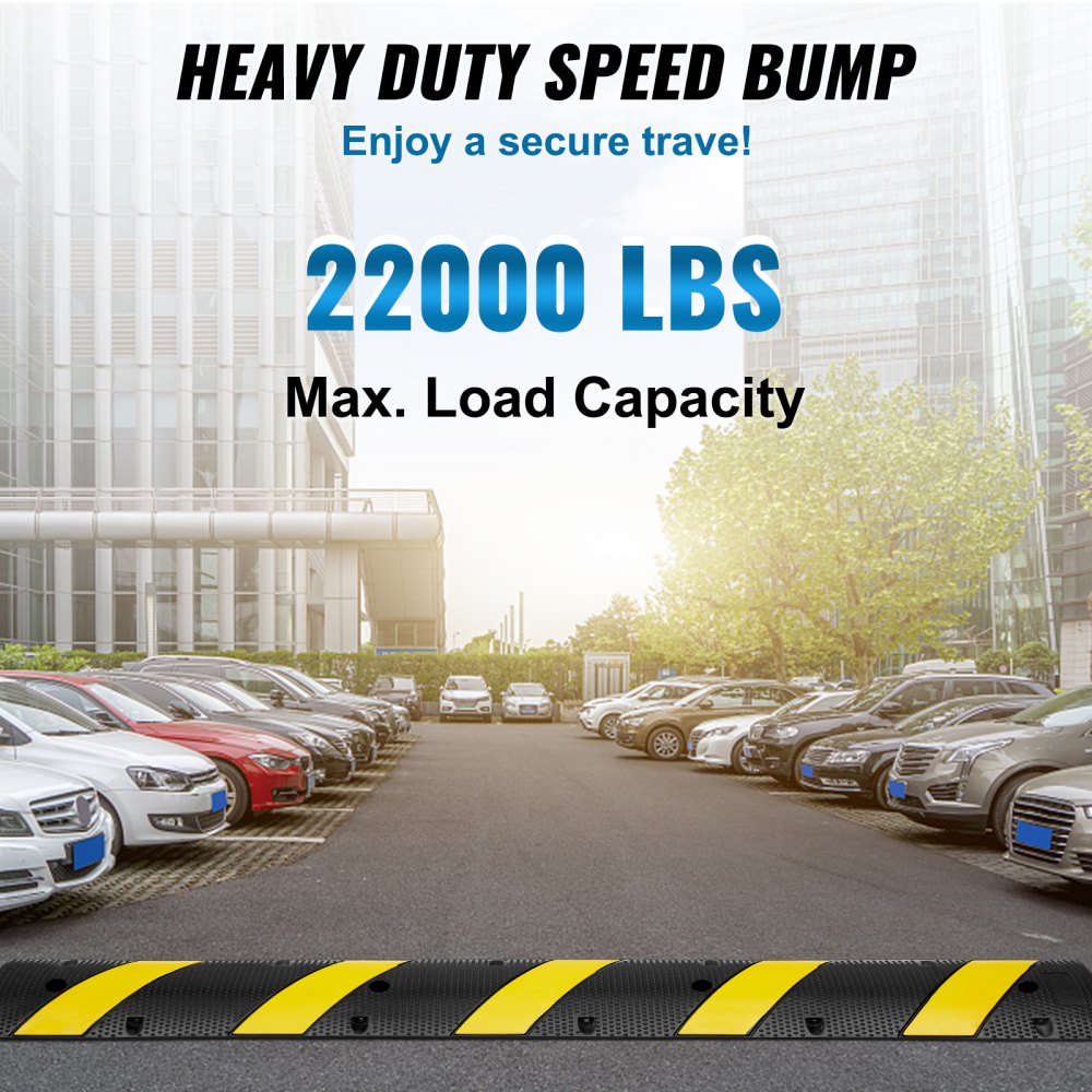 VEVOR 6 ft/72'' Rubber Speed Hump, 2 Channel, 22000 lbs Load Capacity Heavy Duty Traffic Speed Bump, with High Reflective Yellow Strip 4 Expansion Screws and 1 Drill, for Asphalt Concrete Gravel Roads