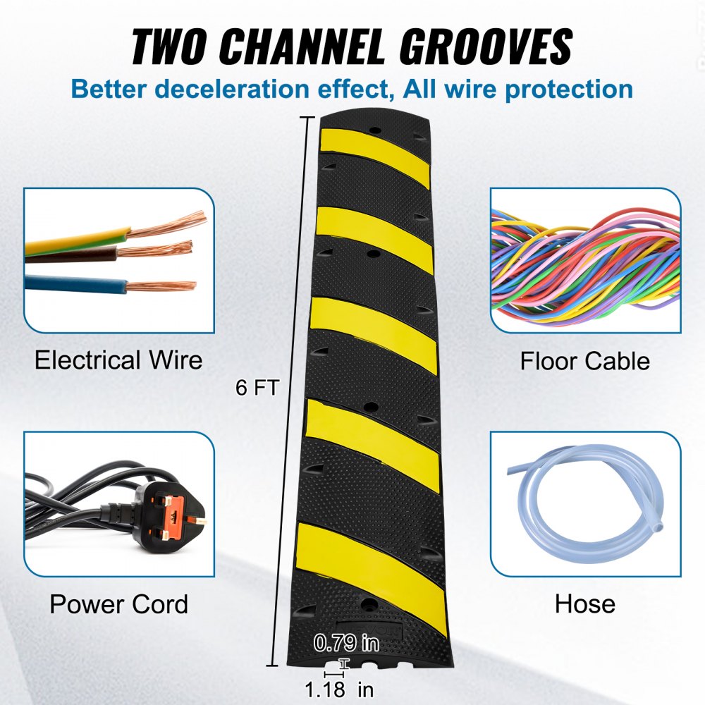 VEVOR 6 ft/72'' Rubber Speed Hump, 2 Channel, 22000 lbs Load Capacity Heavy Duty Traffic Speed Bump, with High Reflective Yellow Strip 4 Expansion Screws and 1 Drill, for Asphalt Concrete Gravel Roads