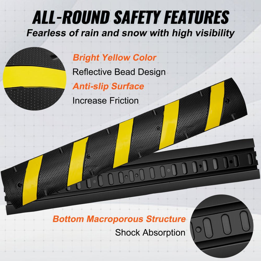 VEVOR 6 ft/72'' Rubber Speed Hump, 2 Channel, 22000 lbs Load Capacity Heavy Duty Traffic Speed Bump, with High Reflective Yellow Strip 4 Expansion Screws and 1 Drill, for Asphalt Concrete Gravel Roads