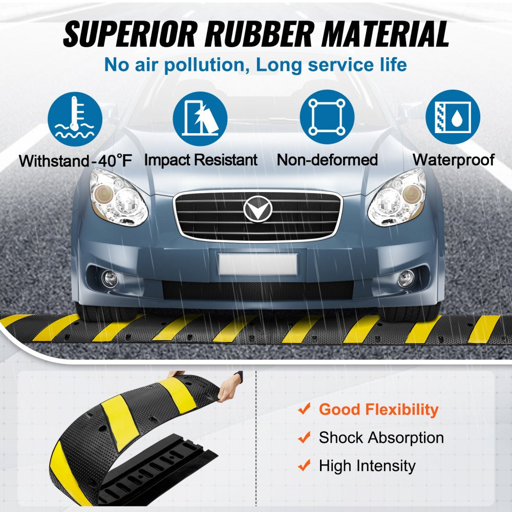 VEVOR 2PCs 6 ft/72'' Rubber Speed Hump, 2 Channel, 22000 lbs Capacity Heavy Duty Traffic Speed Bump, with High Reflective Yellow Strip 8 Expansion Screws and 1 Drill, for Asphalt Concrete Gravel Roads